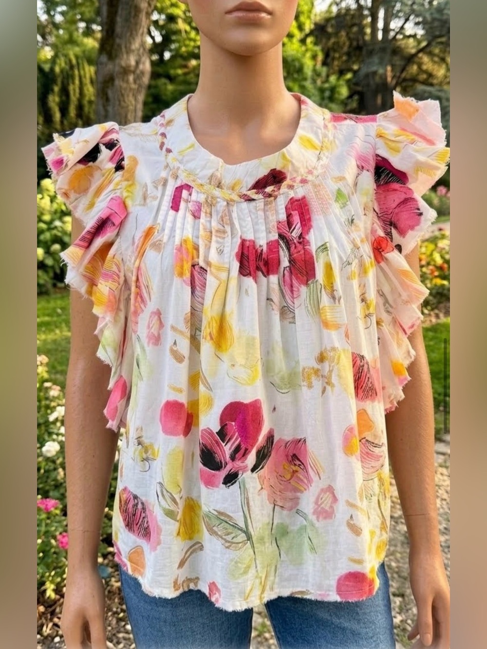 Fairhope Blouse Women’s Large Pink Floral Ruffle Sleeve Braid Neck Top  Cotton
